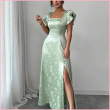 Vestido con cuello cuadrado, mangas con volantes, cintura ceñida y bajo con abertura, de tela jacquard verde, versátil para ir al trabajo, uso diario, - Champán - Ver 6