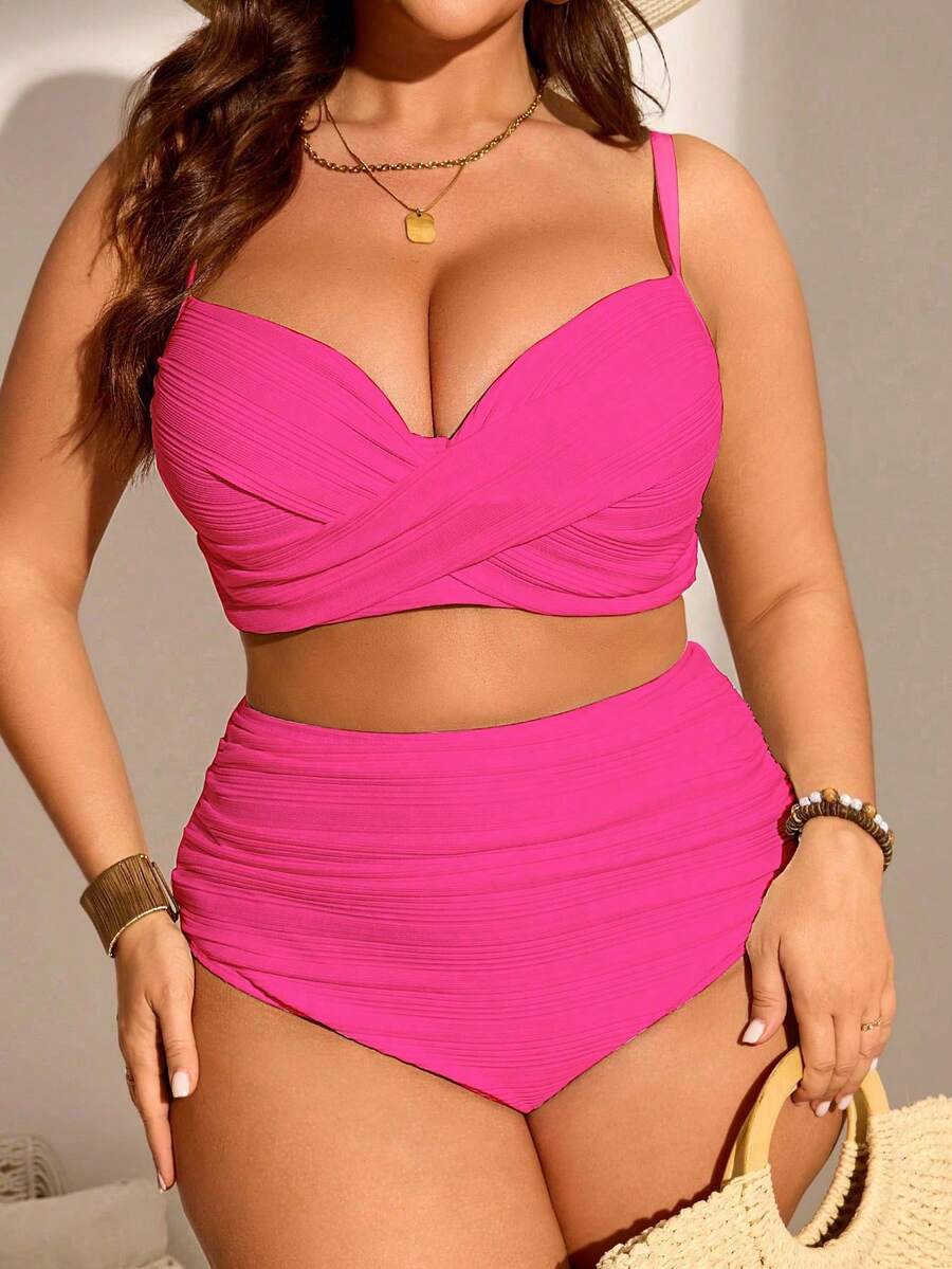 Swim Lushoire Conjunto de bikini tankini de talla de unicolor con recogido para la playa de verano - Rojo - Ver 1