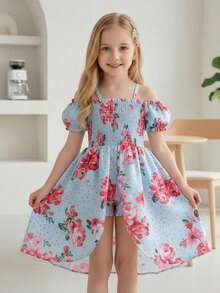 Girls' Floral Ruffle Jumpsuit For Summer Vacation - Baby Blue - View 2