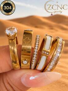 5pcs 18k Gold Plated 2026 New Women's Elegant Versatile Fashion Niche Stainless Steel Ring Set, Suitable For Wedding, Engagement, Promise, Bridal, Anniversary Rings And Other Occasions, Exquisite Gift For Mother's Day, Valentine's Day, Christmas - 5-piece Set 6 - View 5