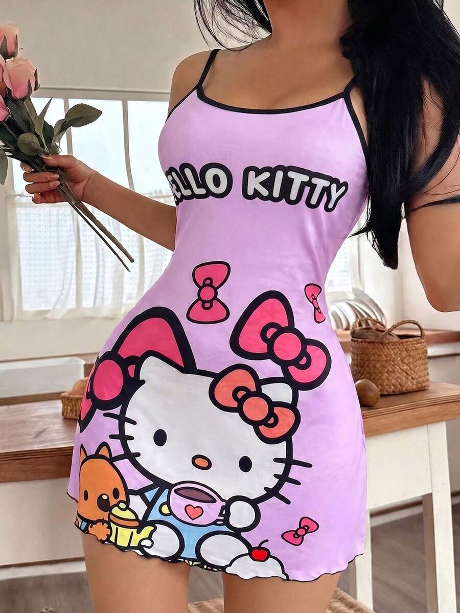 SANRIO 1件 Hello Kitty 粉色休闲可爱舒适简约吊带裙(女款) - 淡紫色 - 查看 1