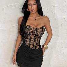 Soqi Women's Clothing  Vestido camisero sexy de mujer con encaje y volantes de contraste - Negro - Ver 4