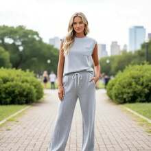 Women's Basic Pants And Blouse Set With Bag - Comfortable And High Quality - Light Grey - View 1