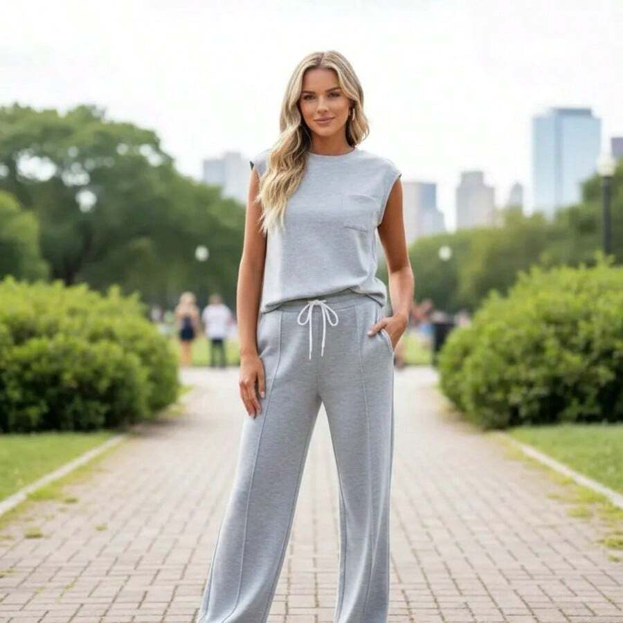 Women's Basic Pants And Blouse Set With Bag - Comfortable And High Quality - Light Grey - View 1