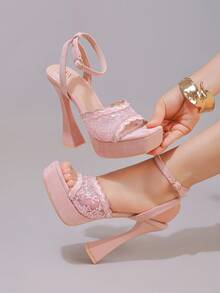 Sandali con tacco alto rosa ricamati in pizzo, scarpe da festa sexy con punta aperta, punta quadrata, tacco a calice di vino, platform, ciabatte da ballo, scarpe estive da donna - Rosa - Visualizzare 5