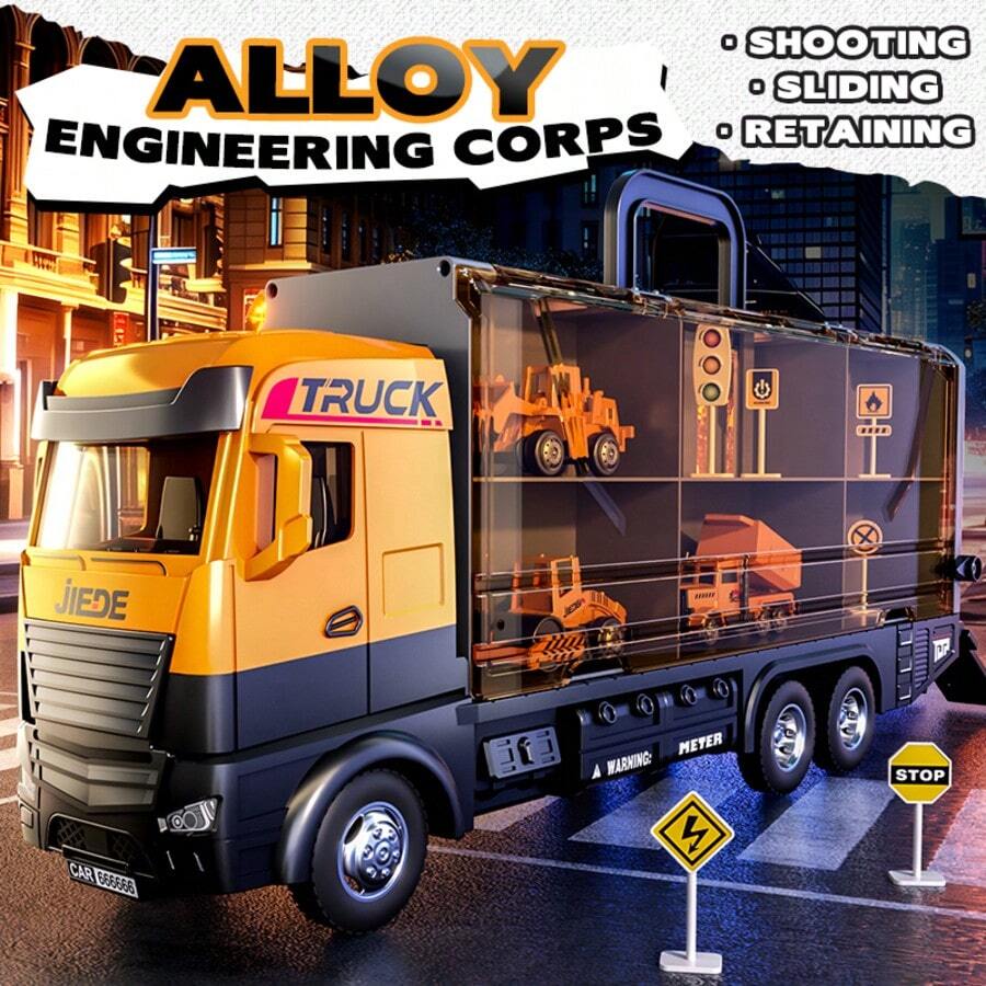 Juguete de camión de transporte de aleación fundida con caja de almacenamiento y lanzador con resorte, juego de transporte deslizante para niños