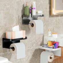 2pcs No-Drill Toilet Paper Holder With Phone Shelf, Wall-Mounted Bathroom Tissue Rack, Multifunctional Storage Shelf - Black - View 5