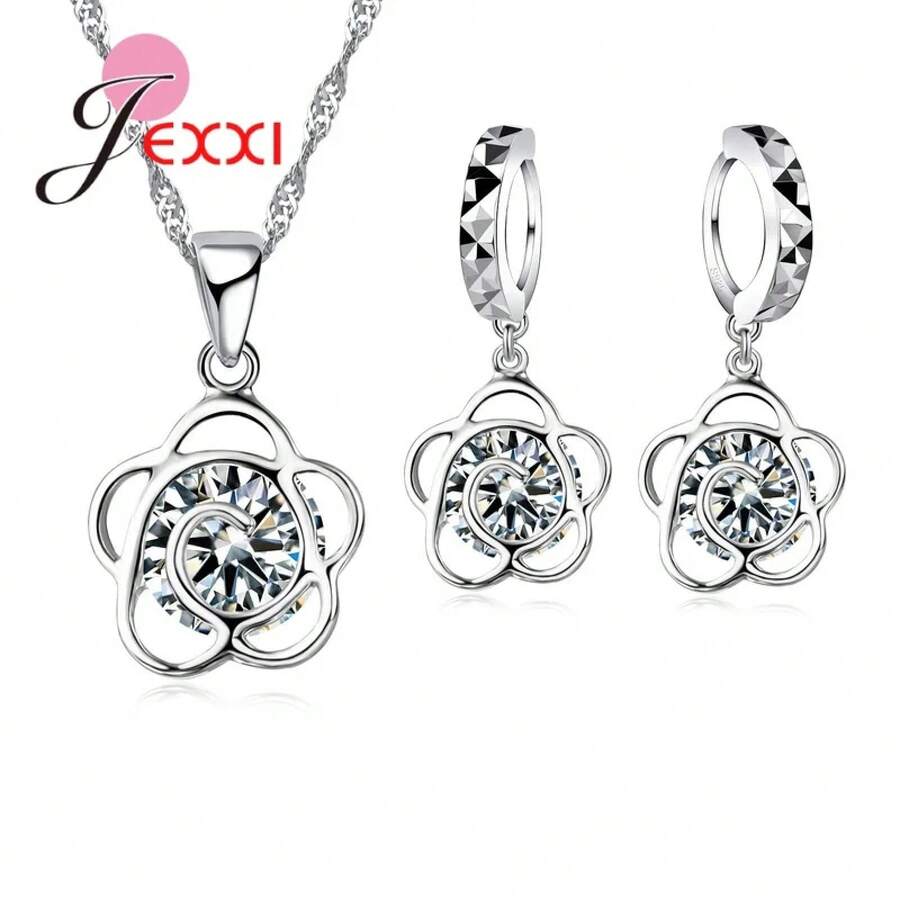 925 Sterling Silver Plating Necklace And Earring Set With Cubic Zirconia, Cross, Heart And Butterfly Design, Fashion Jewelry For Women. - 43501 - 查看 1
