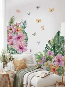 1pc Floral Tropical Monstera Leaves & Butterfly Wall Decor Sticker, Removable Room Decoration Wall Decal For Bedroom, Living Room, Entryway - 1PC - View 3
