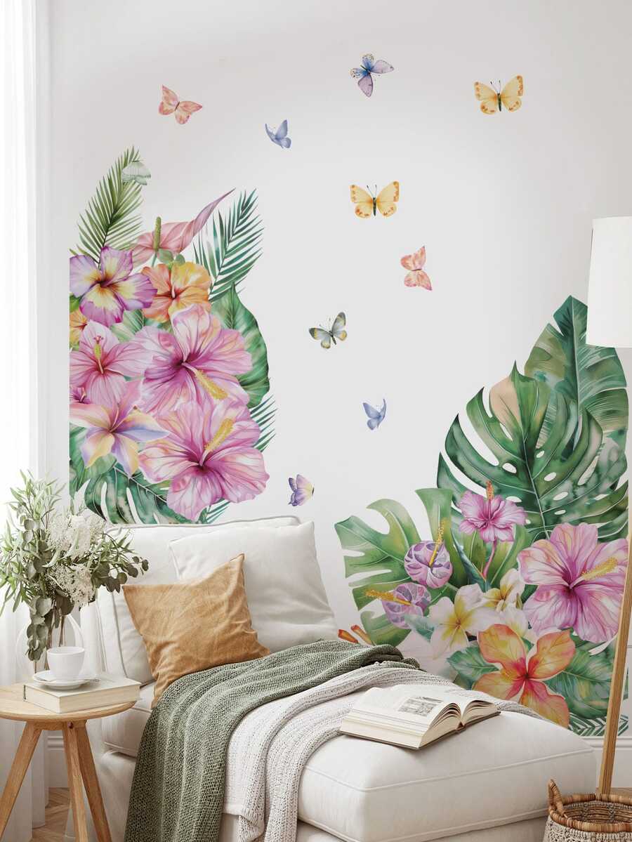 1pc Floral Tropical Monstera Leaves & Butterfly Wall Decor Sticker, Removable Room Decoration Wall Decal For Bedroom, Living Room, Entryway - 1PC - View 1