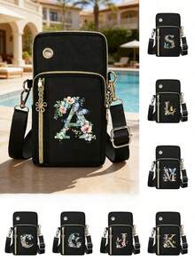 Bolso bandolera mini de moda minimalista con estampado floral degradado verde y letras A-Z, accesorio de moda y práctico para actividades al aire libre, bolso mini para teléfono, bolso de muñeca, bolso multicapa, monedero para mujer, útiles escolares, bolso minimalista, bolso bandolera multifuncional, adecuado para exteriores y oficina - Multicolor - Ver 2