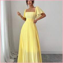 Vestido de línea A para mujer de color amarillo crema con cuello cuadrado y cintura ceñida, elegante y romántico - Burdeos - Ver 5