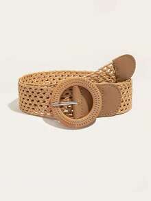 1pc Women's Bohemian Style Holiday Wooden Button PP Straw Woven Belt - Camel - View 1