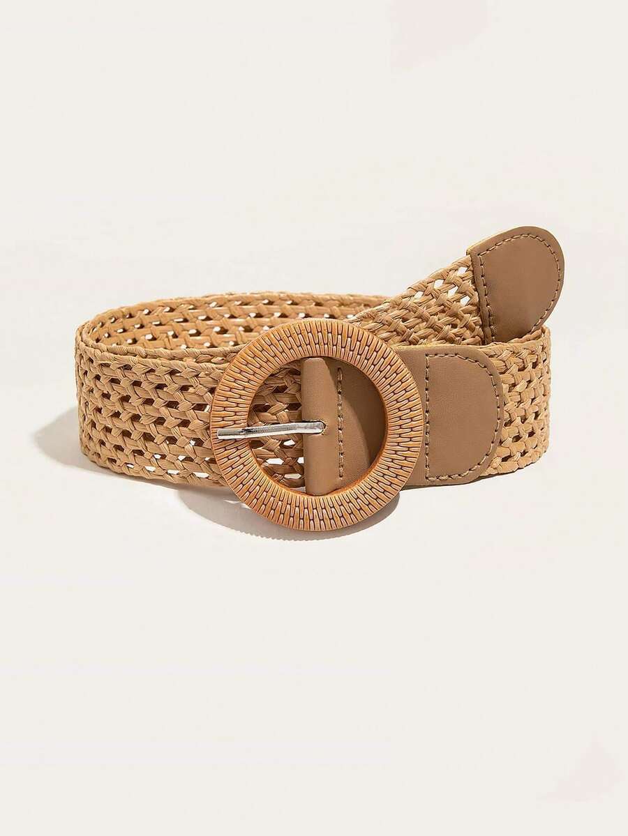 1pc Women's Bohemian Style Holiday Wooden Button PP Straw Woven Belt - Camel - View 1