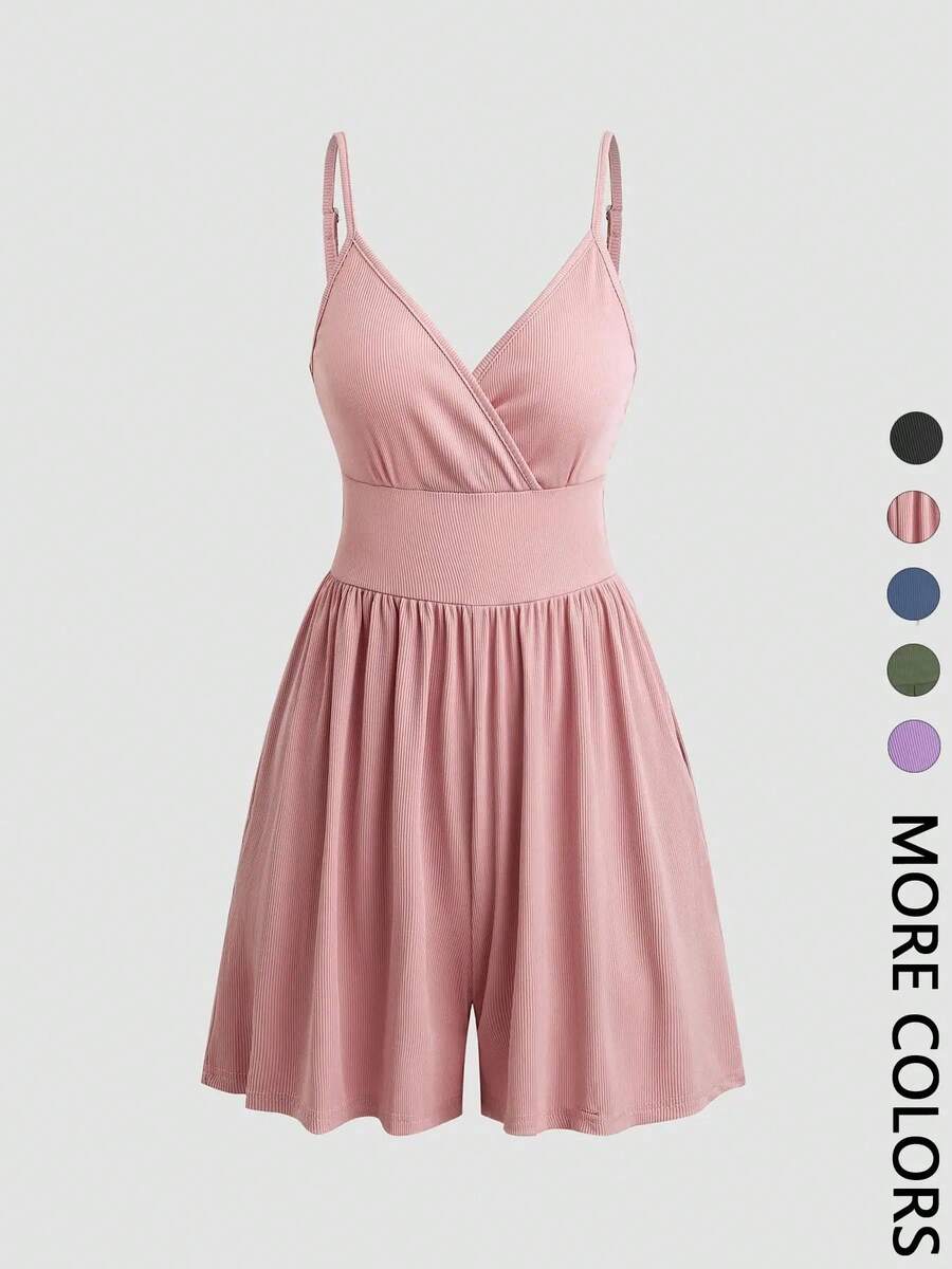 Women's Short Backless Crossover Cami Jumpsuit, Casual Jumpsuit With Adjustable Spaghetti Straps And Wide Leg, Summer Outfits 2024, Women's Everyday Wear Clothing - 粉色 - 查看 1