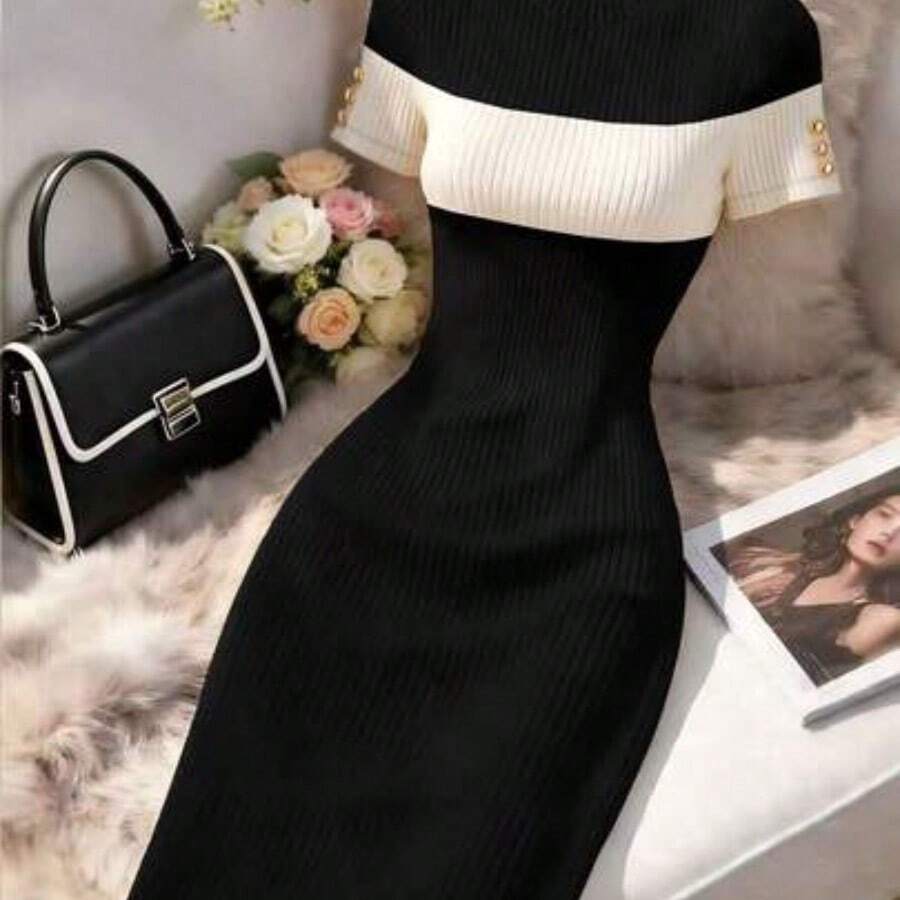 Vestido casual de mujer de manga corta con estampado minimalista - Multicolor - Ver 1