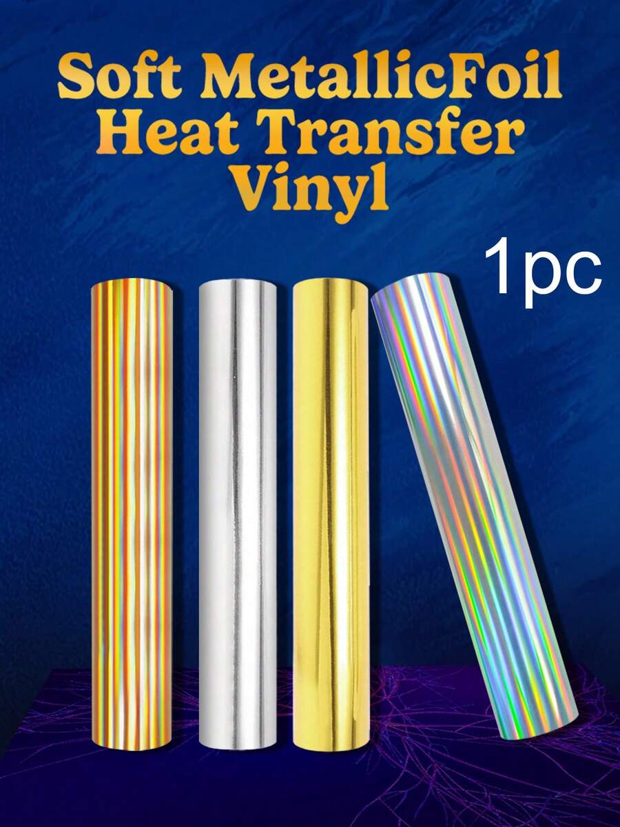 HONGCAI 1 Roll 11.81*35.43in 4 Colors Soft Metallic Vinyl Small Roll, Gold, Silver, Holographic Heat Transfer Vinyl, For T-Shirts, Iron-On Transfer, Easy To Cut Permanent Vinyl