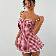 wsb   - Colección de ropa femenina de moda  Vestido mini acampanado de mujer con estampado a cuadros, recorte de encaje y Body ajustado para Navidad - Azul marino - Ver 7
