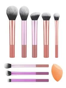 ronshadow 8pcs Pink Purple Orange Multicolor Long Handle Makeup Brush Set Including Powder Brush, Blush Brush, Foundation Brush, Eyeshadow Brush, Detail Brush + Makeup Sponge, Complete Soft Bristle Makeup Tool Set For Beginners - Multicolor - View 10
