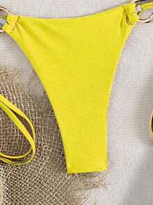 Bộ bikini hai mảnh phong cách nghỉ dưỡng cho nữ màu thép, kèm túi tote, dây đeo vai và trang trí eo bằng kim loại, phù hợp cho kỳ nghỉ hè trên đảo - Màu vàng - Xem 6