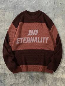 ANDREILEE Men's Fashion Street Style Casual Commute Home Versatile ETERNALITU Letter Crew Neck Long Sleeve Wide Ribbed Loose Knit Pullover Sweater Autumn/Winter - Brown - View 5