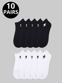 1/5/10/15/20 Pairs Men's Solid Color Low-Cut Boat Socks, Lightning Embroidery Sports Short Socks, Non-Slip And Wear-Resistant - Multicolor - View 28