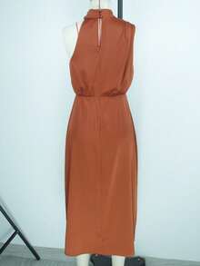 Vestido midi de satén sin mangas para mujer, moda europea y americana talla grande vendida, diseño elegante y versátil, vestido de noche para fiesta de verano - Negro mate - Ver 6