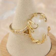 1 pieza Anillo de mujer vintage de lujo exquisito con diseño creativo de patrón de hoja, accesorio de joyería altamente estético - Dorado - Ver 5
