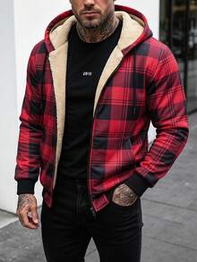 Men's Autumn/Winter Casual Minimalist Loose Fit Daily Commute Plaid Hooded Thermal Lined Jacket - Red - View 3