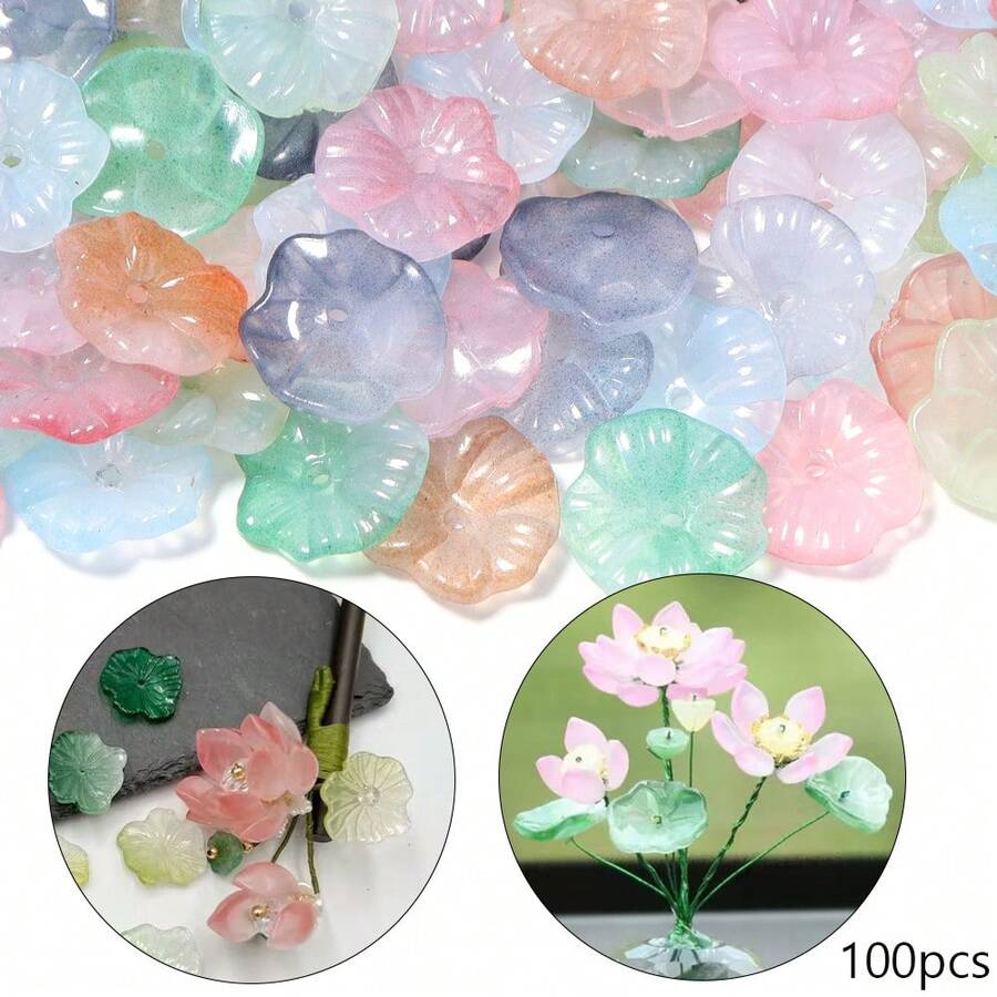 100顆壓克力3D蓮葉珠，直孔散珠，DIY手工耳環、頭飾、手鍊、項鍊配件材料，居家裝飾飾品、吊飾、鑰匙圈、手機鍊手工配件