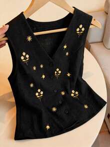 Camisa sin mangas con cuello en V para mujer, con textura de lino y diseño de botones bordados, elegante camisa de estilo oriental retro casual para viajes de verano, citas, Año Nuevo - Negro - Ver 1