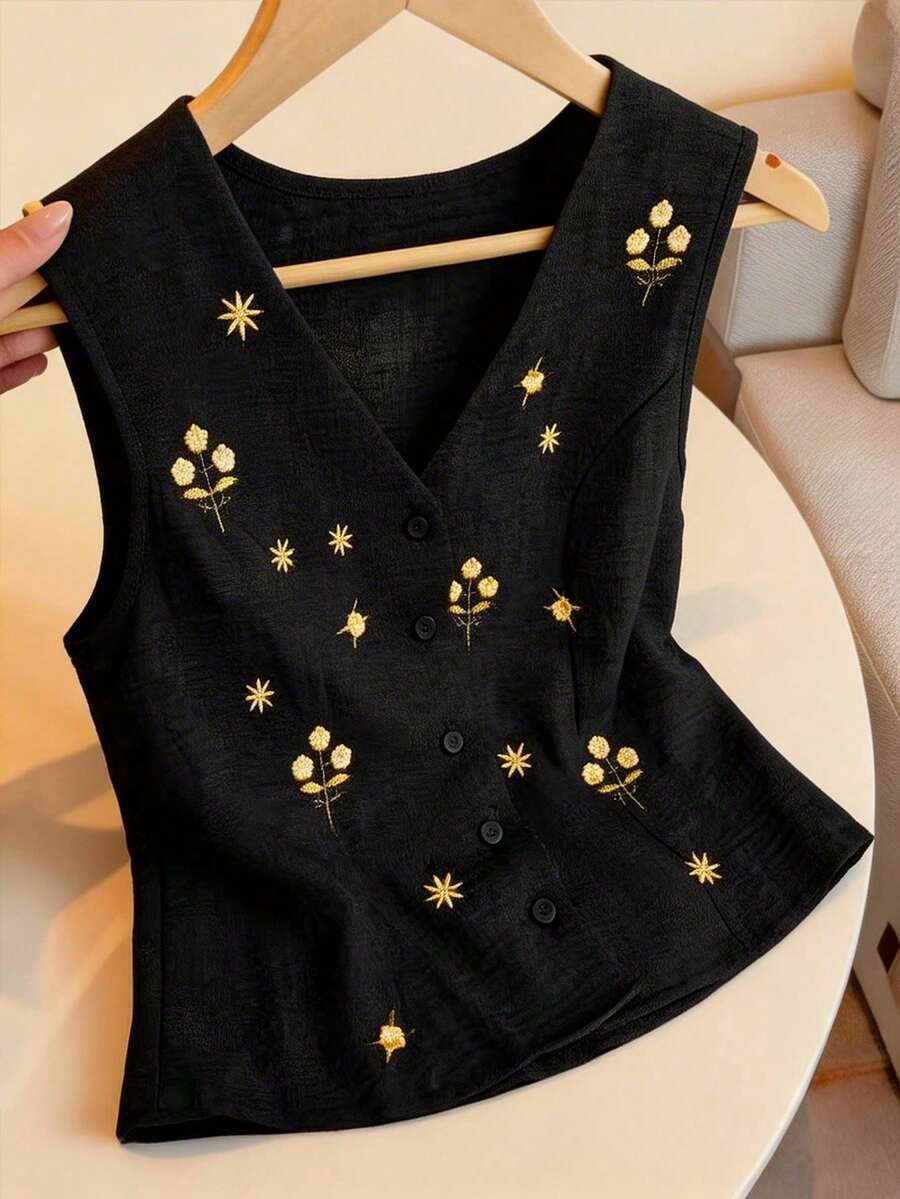 Camisa sin mangas con cuello en V para mujer, con textura de lino y diseño de botones bordados, elegante camisa de estilo oriental retro casual para viajes de verano, citas, Año Nuevo - Negro - Ver 1