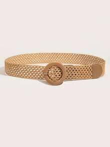1pc Women's Bohemian Style Holiday Wooden Button PP Straw Woven Belt - Camel - View 2