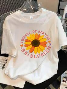 Camiseta estampada para mujer, 1 unidad, manga corta, primavera/verano, el regalo perfecto para las fiestas. - Blanco - Ver 1
