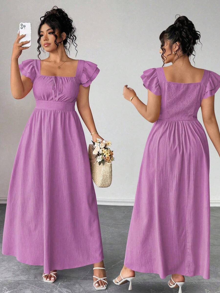 Vestido elegante de talla grande para mujer con cuello cuadrado, mangas con volantes en capas, lazo delantero y diseño de espalda, cintura ajustada y casual - Morado - Ver 1