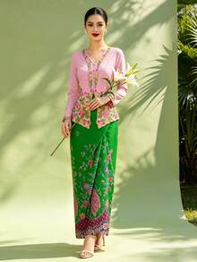 女款 Saruang Kebaya，1件裝 Nyonya Kebaya 花卉印花優雅長裙，春/夏款（不含上衣） - 綠色 - 查看 5