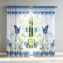2 pezzi di tende trasparenti in stile rustico fresco, con motivo di farfalle blu e peonie bianche con bordo in pizzo. Stampa piatta 2D, permettono alla luce di filtrare e sono ideali per la decorazione estiva di finestre, sale da pranzo, soggiorni e cucine. - Multicolore - Visualizzare 1