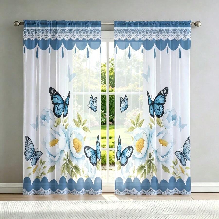 2 pezzi di tende trasparenti in stile rustico fresco, con motivo di farfalle blu e peonie bianche con bordo in pizzo. Stampa piatta 2D, permettono alla luce di filtrare e sono ideali per la decorazione estiva di finestre, sale da pranzo, soggiorni e cucine. - Multicolore - Visualizzare 1