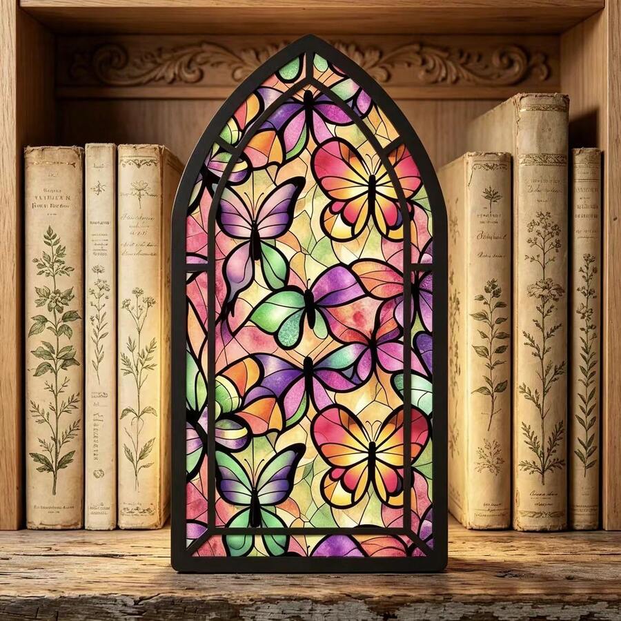 1pc Colorful Glass Butterfly Acrylic Bookend, Gothic Church Window Design Bookshelf Organizer, Non-Slip Book Support, Aesthetic Room Decor, Book Lover Gift, Office Desk Storage - 1PC - View 1