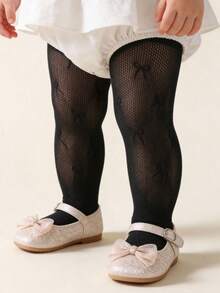 1件女嬰蝴蝶結網格褲襪,透氣鏤空緊身褲 - 黑色 - 查看 11