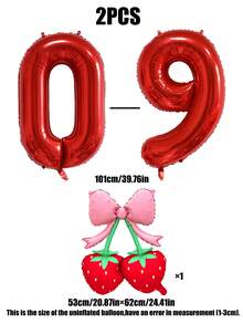2pcs 40 Inch Red 0-9 Number + Bow Strawberry Foil Balloon Set, Suitable For Birthday Party, Baby Shower Decoration - Red Set - View 6