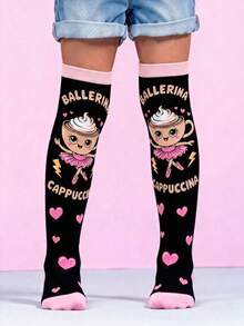 1 Pair Italian Brainrot Knee High Socks For Kids Girls, Cute Ballerina Cappuccina Dance Long Socks, Funny Italian Meme Gift - Multicolor - View 1