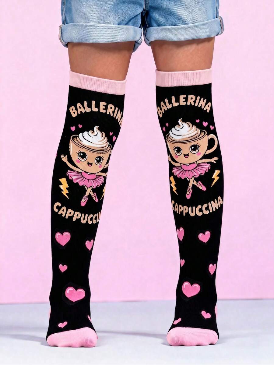 1 Pair Italian Brainrot Knee High Socks For Kids Girls, Cute Ballerina Cappuccina Dance Long Socks, Funny Italian Meme Gift - Multicolor - View 1
