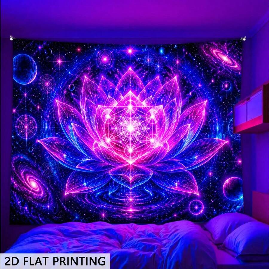 2D Flat Glow-In-The-Dark Tapestry, Sacred Geometry Lotus Nebula Pattern Wall Decor, Suitable For Bedroom, Living Room And Office. Cosmic Theme Style Game Room Decor, Holiday And Party Decor, College Dorm Decor - Multicolor - View 1