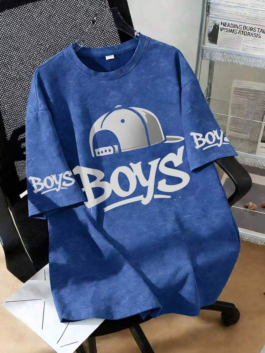 Teen Boys Street Style "Boys" Text Casual Short Sleeve T-Shirt, Summer Daily Essential, Suitable For School Activities - Blue - View 1