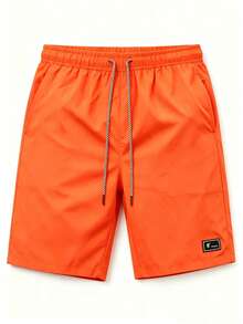 Bright Orange Men's Casual Shorts | Elastic Waist Drawstring Summer Streetwear Shorts With Pockets - Orange - View 5