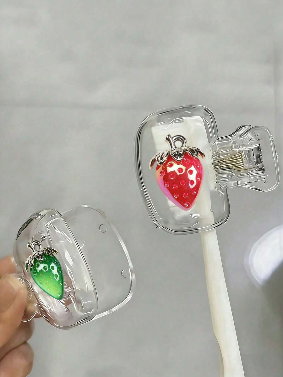 Transparent Red & Green Strawberry Pattern Toothbrush Holder, Cute Design, Portable Home & Travel Storage Box With Transparent Lid, Compact & Portable Design, Easy To Carry, Protects Toothbrush Head, Dual-Hole Drainage And Ventilation Design, Suitable For Home, Dorm And Outdoor Use | Cute Toothbrush Head Storage Rack, Suitable For Home Bathroom Storage