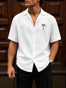 Men's Hawaiian Shirt, Lightweight Breathable Linen-Like Coconut Tree Print Short Sleeve Open Collar Shirt, Loose Casual Light White Vacation Shirt, Summer Couple Outfit, Beach Party Wear, Perfect Gift For Boyfriend And Husband - White - View 1