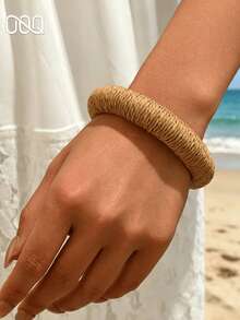 OOQ 1pc Minimalist Style Raffia Plain Hoop Bracelet For Women, Elegant Fashion Simple Casual Versatile Bangle, Suitable For Daily Commute, Gatherings, Holidays, Gifts (Handmade Raffia Weaving, Random Direction And Shape) - Khaki - View 3