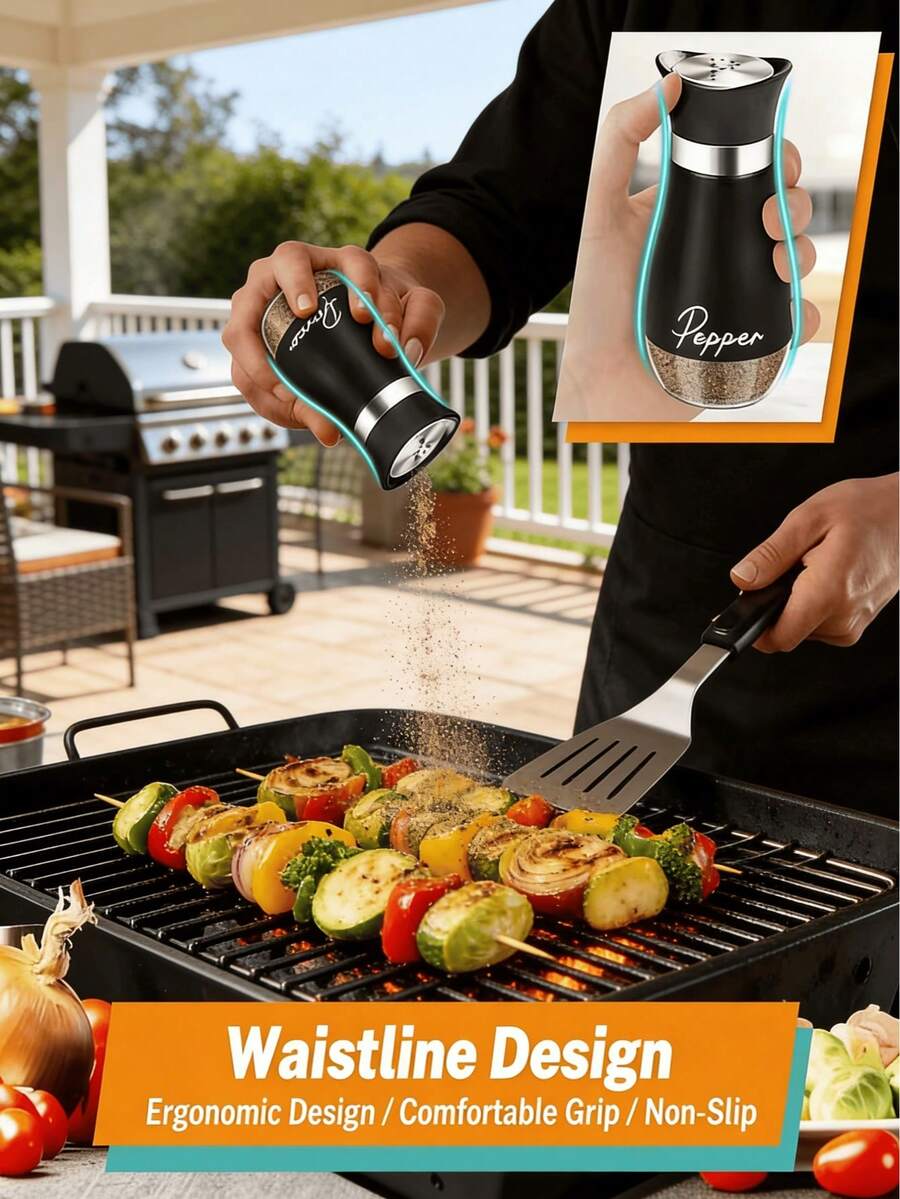 1set Salt And Pepper Shaker Set, Reusable Glass Bottom Salt And Pepper Shakers With Stainless Steel Lids, Easy To Clean, Suitable For Kitchen Cooking Table, RV, Camping, BBQ. Seasoning Bottles. Salt And Pepper Bottles, Essential Home Kitchen Tools, BBQ Accessories, Random Color